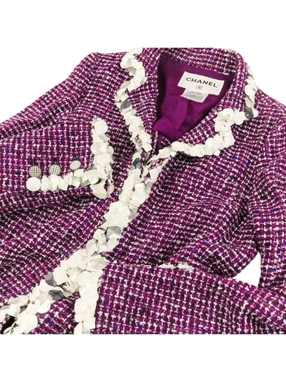 Chanel Sequin Trim Tweed Coat 34 Purple